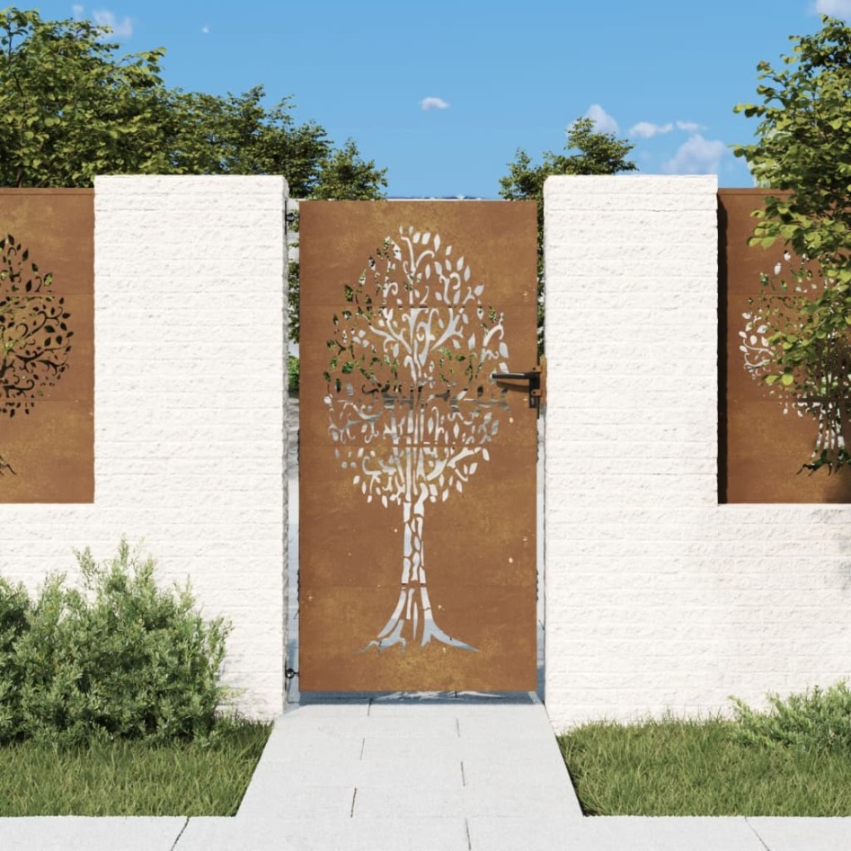 Puerta de jardín acero corten diseño árbol 85x200