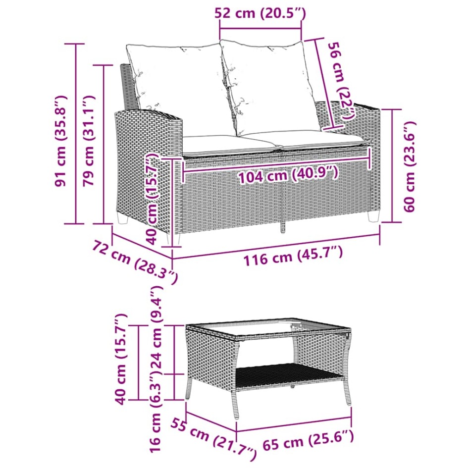 Sofá jardín de 2 plazas con cojín y mesa gris