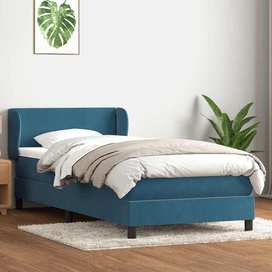 Cama box spring con colchón terciopelo azul oscuro 80x210