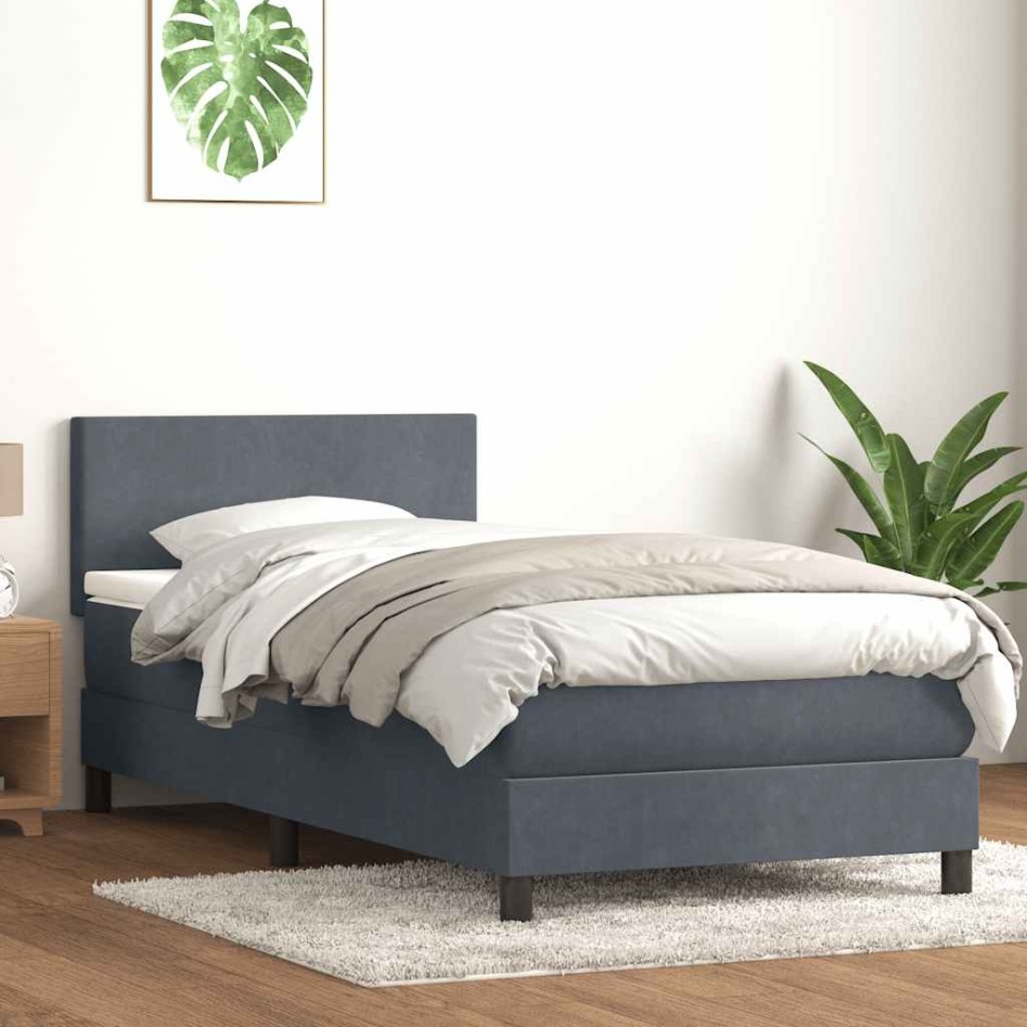 Cama box spring con colchón terciopelo gris oscuro 90x220
