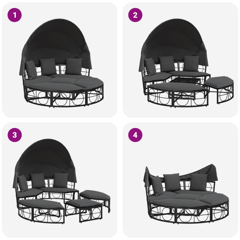 Tumbona cama de jardín con capota y cojines ratán PE