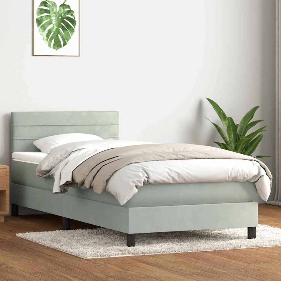 Cama box spring con colchón terciopelo gris claro 90x220