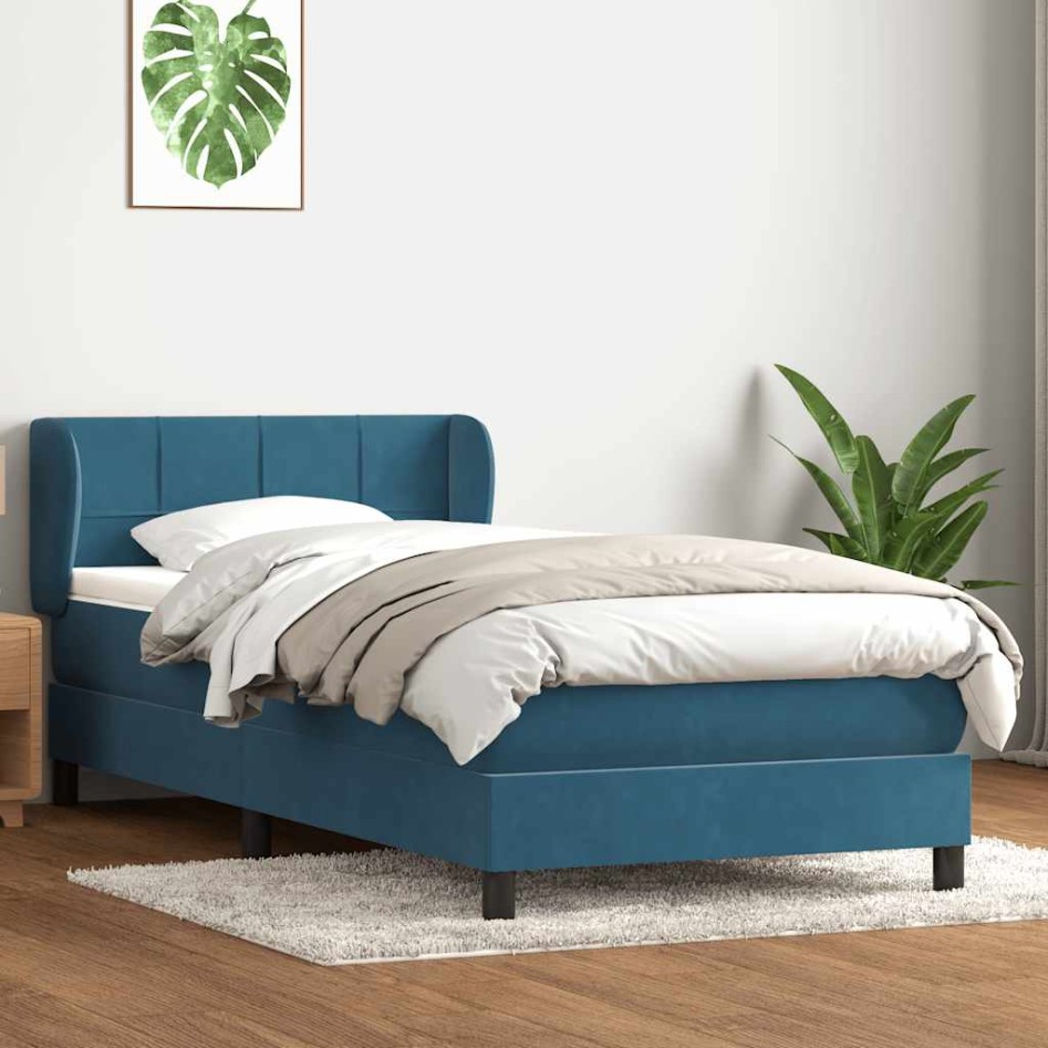 Cama box spring con colchón terciopelo azul oscuro 80x210
