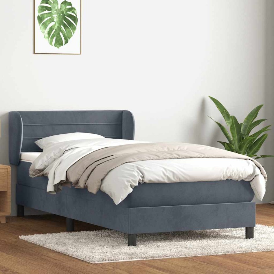 Cama box spring con colchón terciopelo gris oscuro 90x220