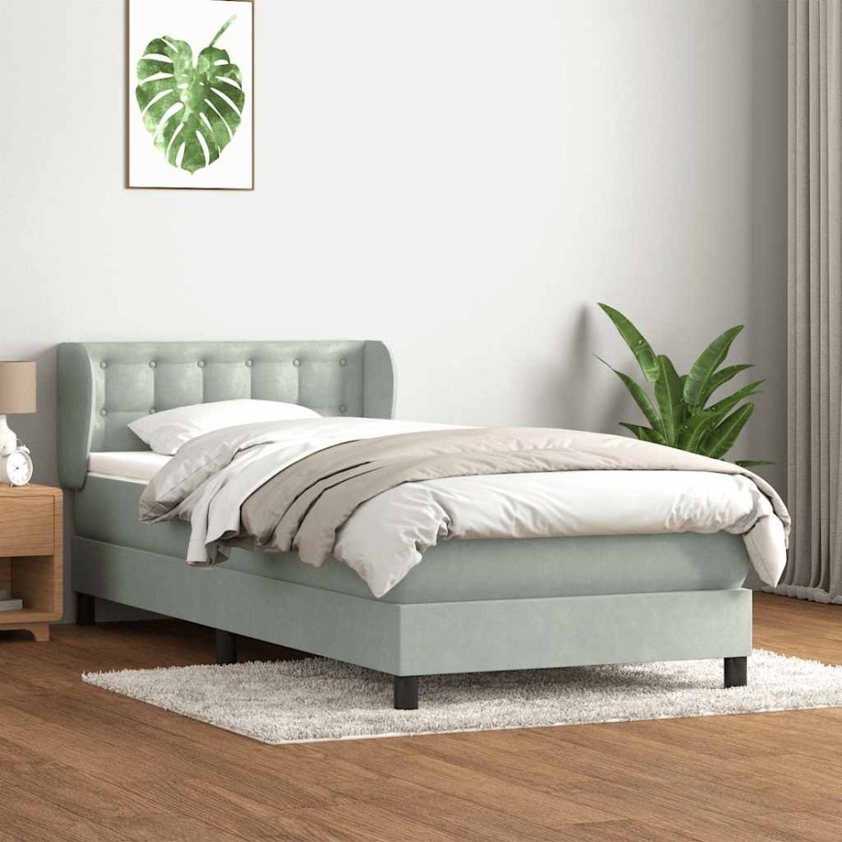 Cama box spring con colchón terciopelo gris claro 90x210