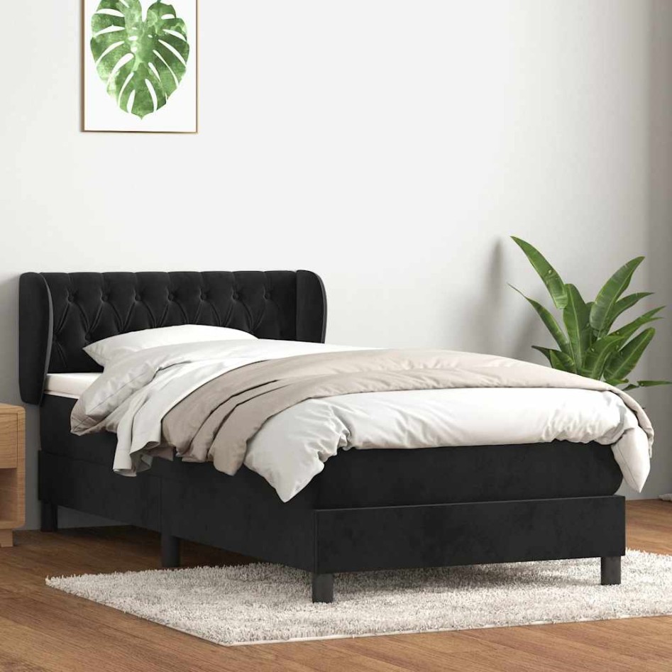 Cama box spring con colchón terciopelo negro 90x220
