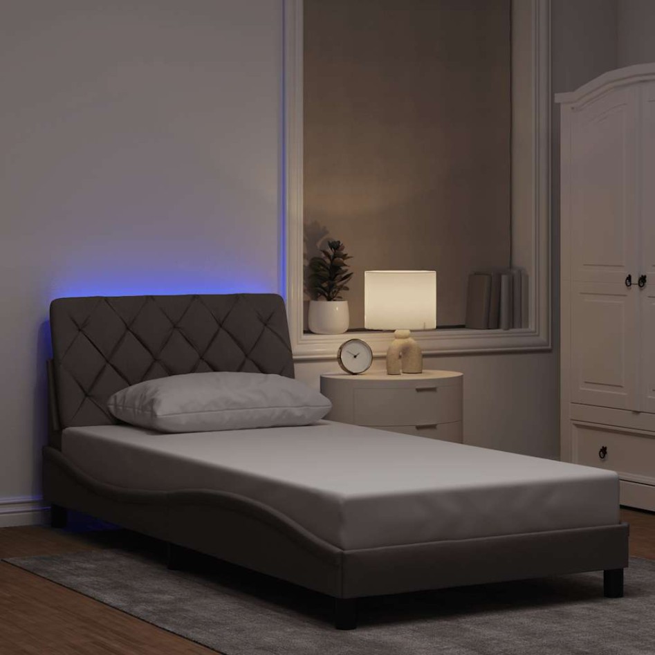 Estructura cama con LED sin colchón tela gris taupe 100x200
