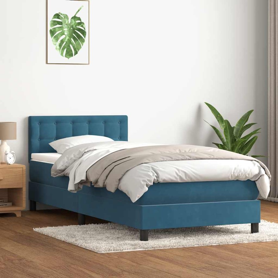 Cama box spring con colchón terciopelo azul oscuro 80x210