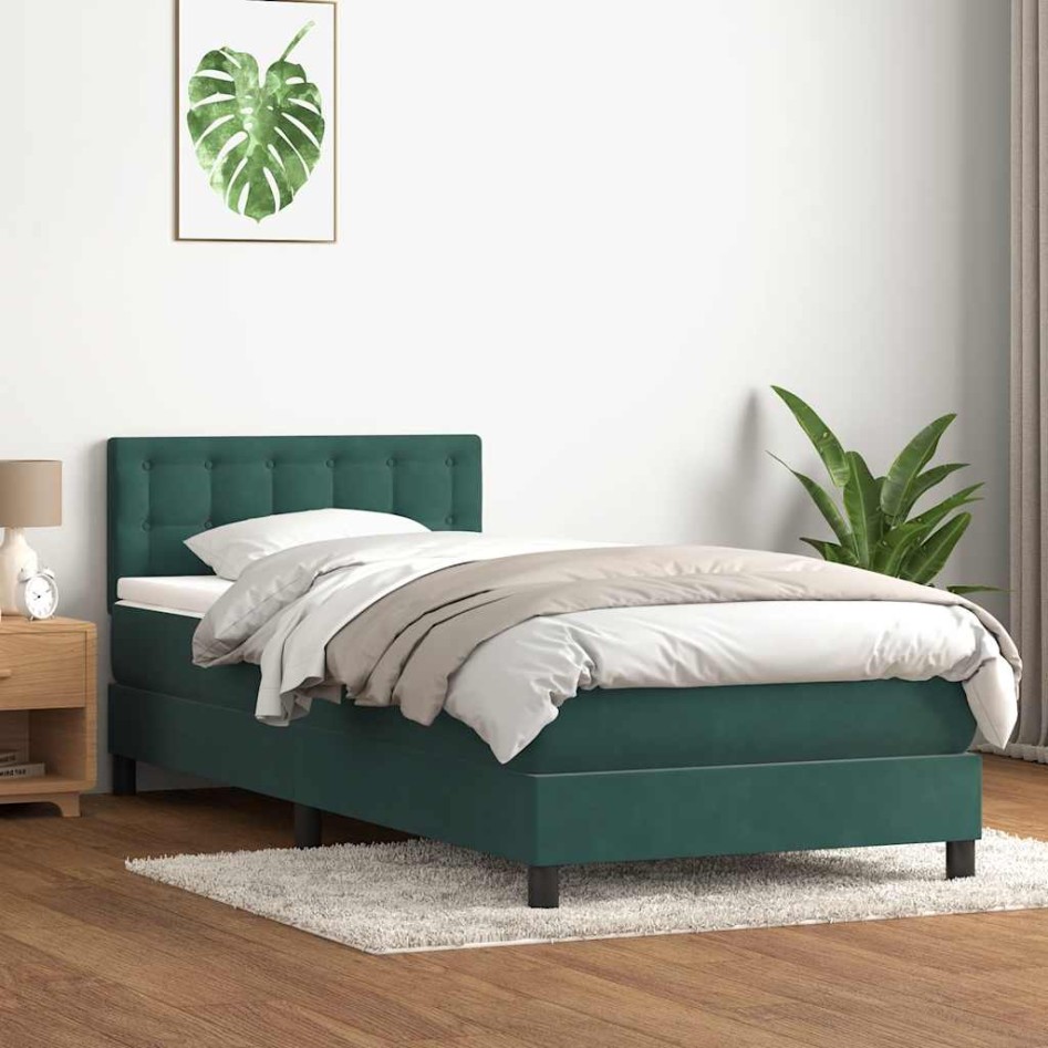 Cama box spring con colchón terciopelo verde oscuro 90x210