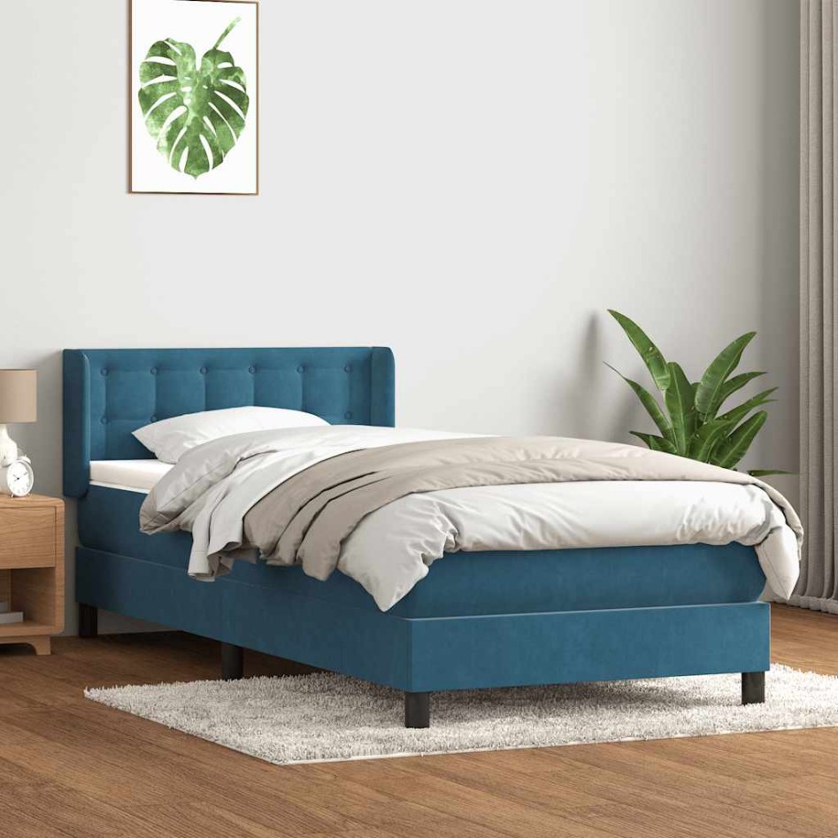Cama box spring con colchón terciopelo azul oscuro 80x210