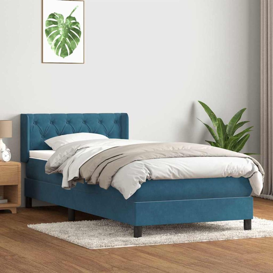 Cama box spring con colchón terciopelo azul oscuro 80x210