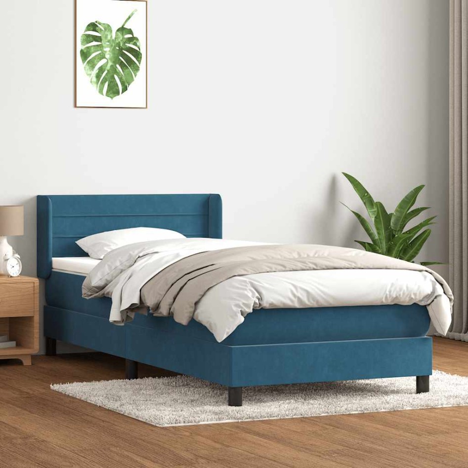 Cama box spring con colchón terciopelo azul oscuro 80x210