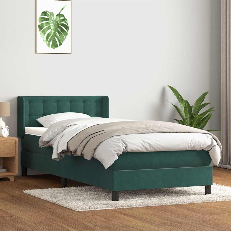 Cama box spring con colchón terciopelo verde oscuro 90x210