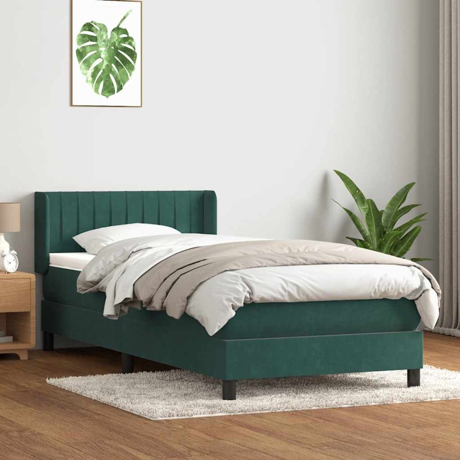 Cama box spring con colchón terciopelo verde oscuro 90x210