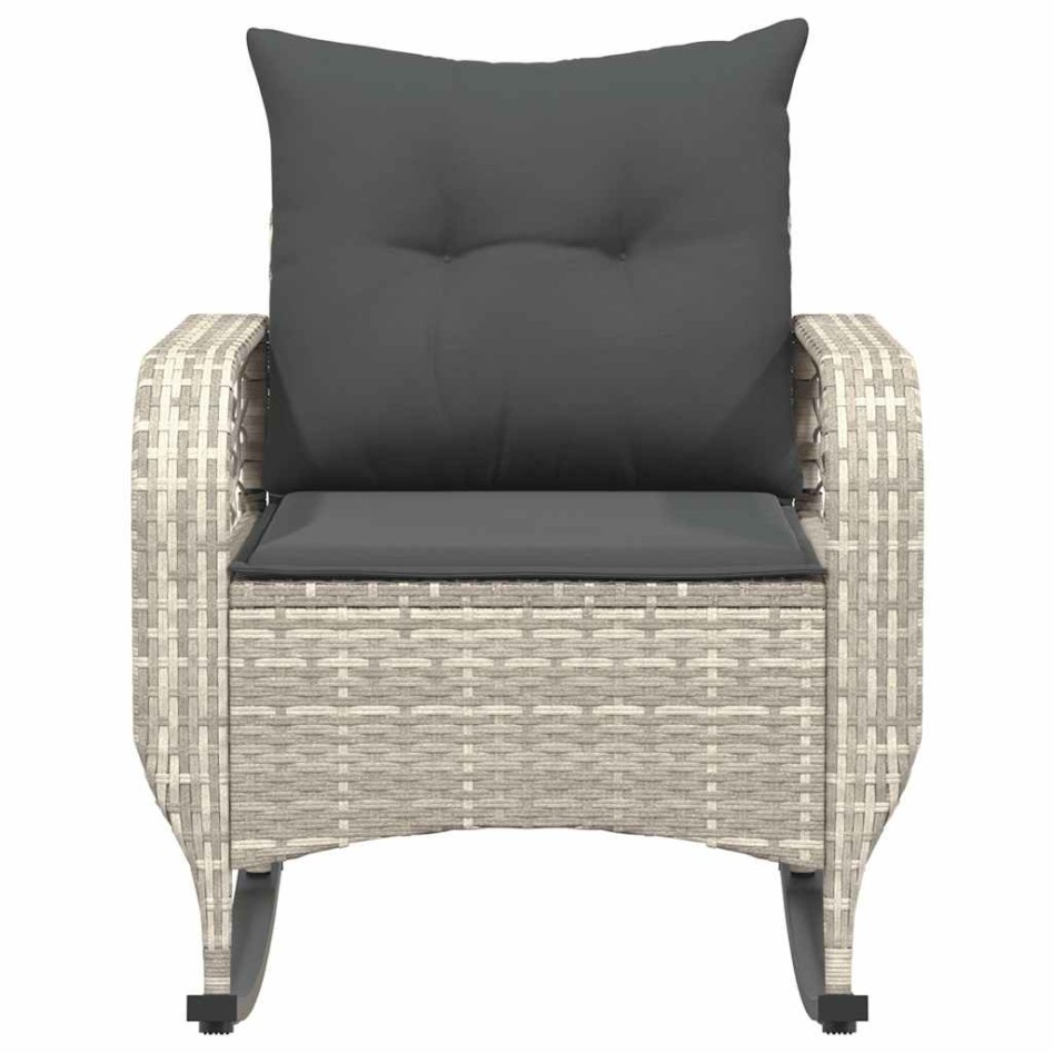 Silla mecedora de jardín con cojines ratán sintético gris