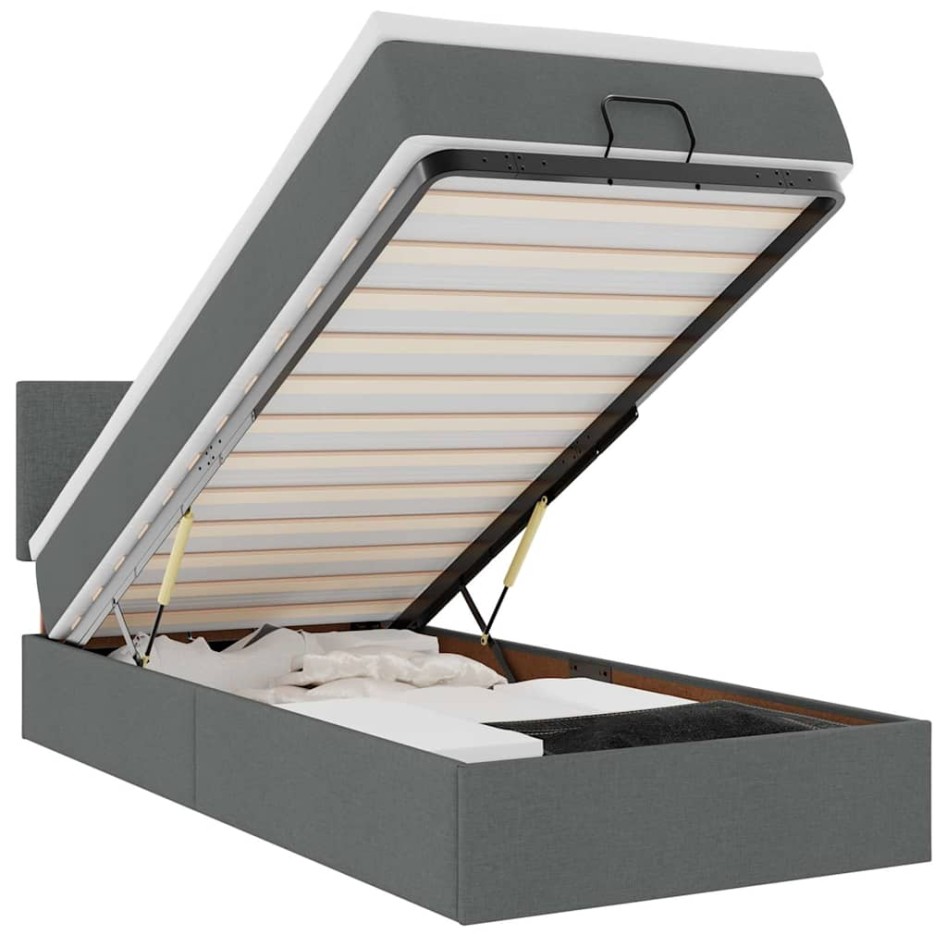 Cama otomana con colchón y LED tela gris oscuro 90x200