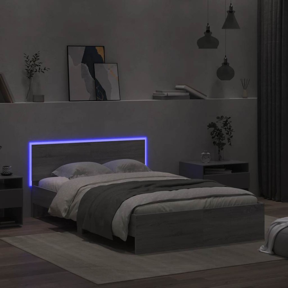Estructura de cama cabecero y luces LED gris Sonoma 120x200