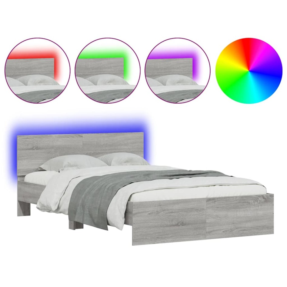 Estructura de cama cabecero y luces LED gris Sonoma 135x190