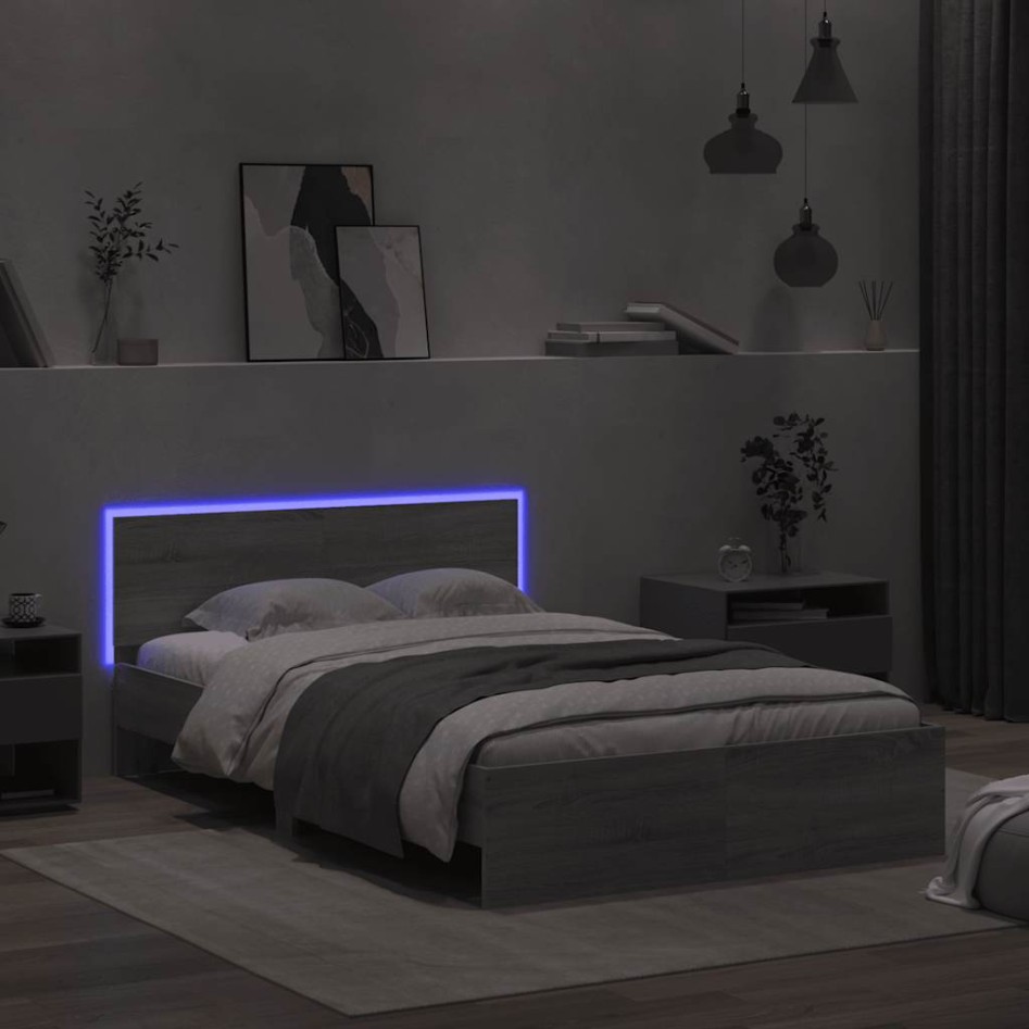 Estructura de cama cabecero y luces LED gris Sonoma 120x190
