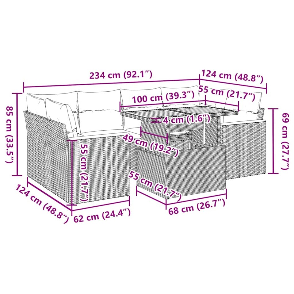 Set sofás jardín y cojines 6 pzas ratán sintético acacia