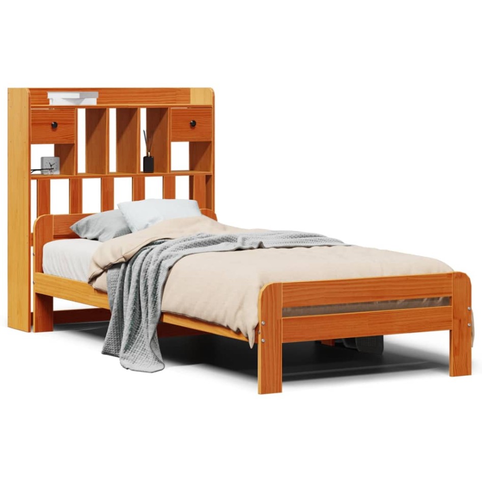 Cama con estantería sin colchón madera maciza marrón 75x190
