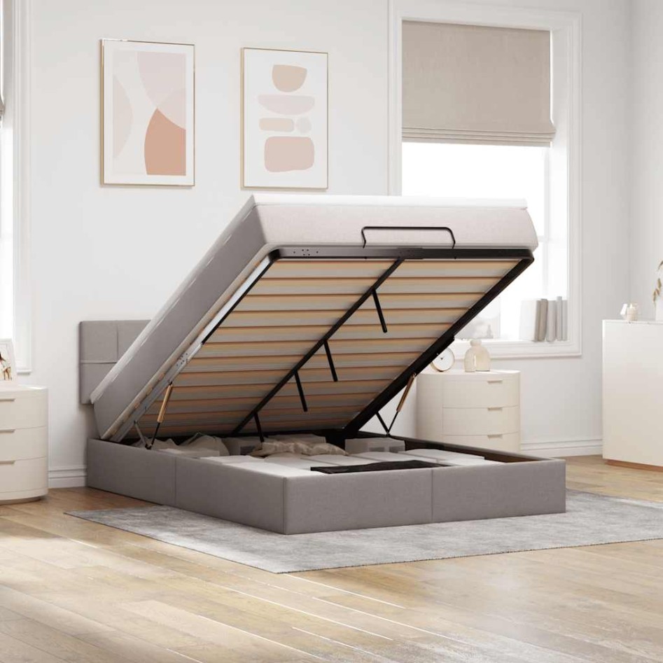 Cama otomana con colchón y luces LED gris topo 140x200 cm