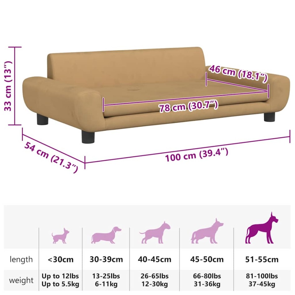 Cama para perros de terciopelo marrón 100x54x33