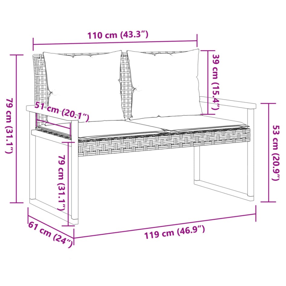 Banco de jardín con cojín ratán sintético negro y madera