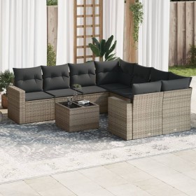 Set de muebles de jardín 9 pzas y cojines ratán sintético