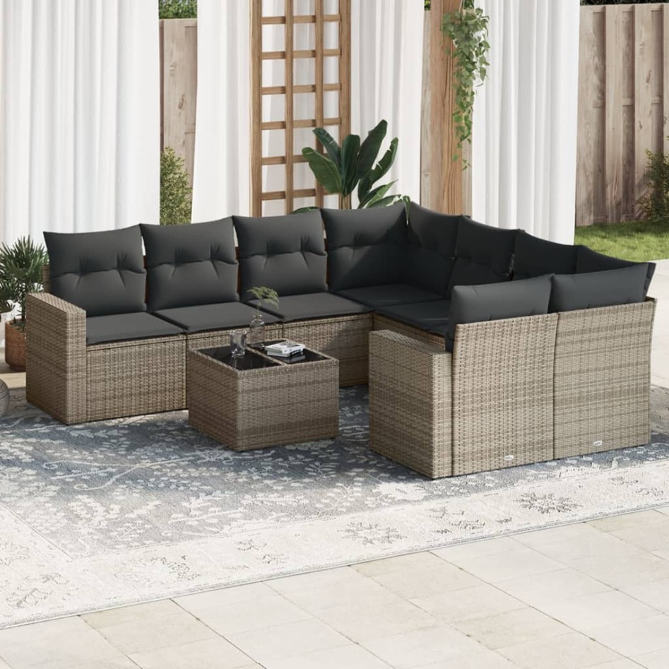Set de muebles de jardín 9 pzas y cojines ratán sintético