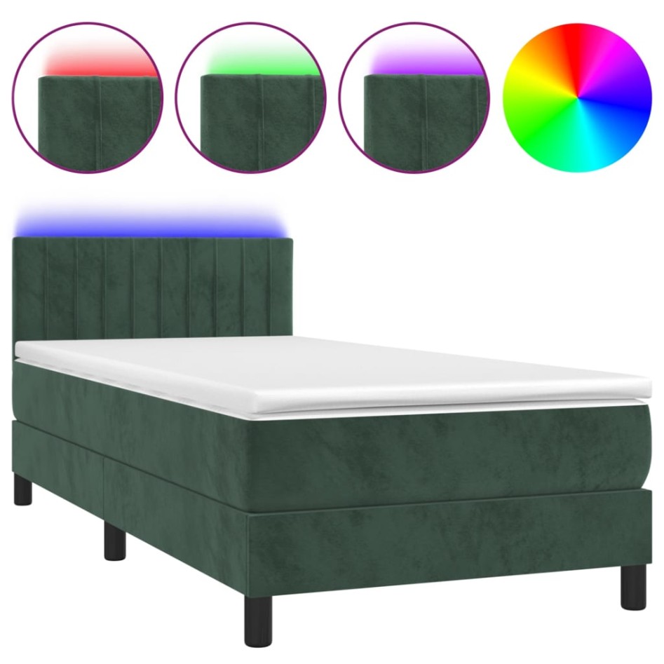 Cama box spring colchón y LED terciopelo verde oscuro 90x200