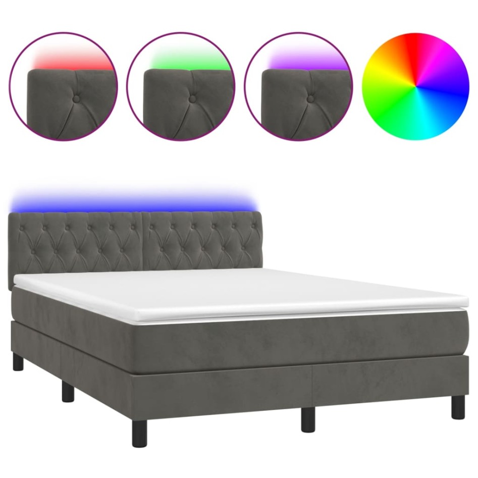 Cama box spring colchón y LED terciopelo gris oscuro 140x200