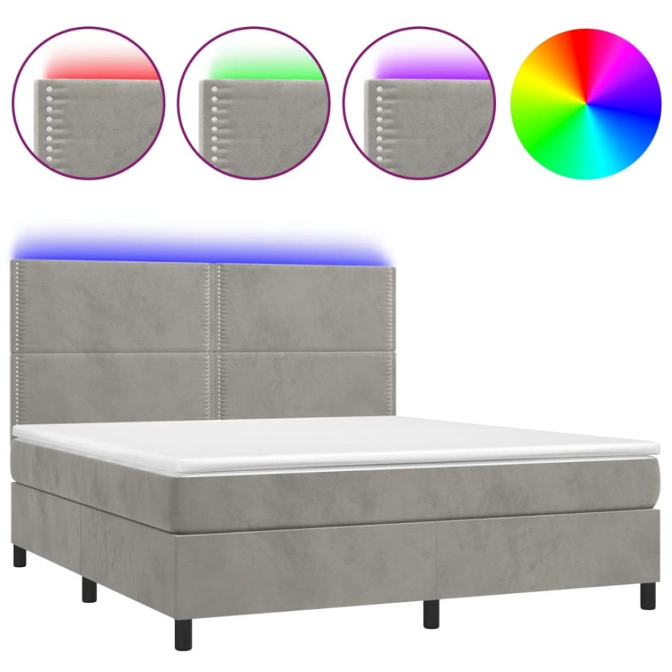 Cama box spring colchón y LED terciopelo gris claro 160x200
