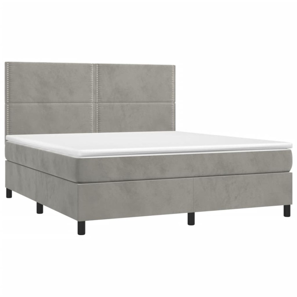 Cama box spring colchón y LED terciopelo gris claro 160x200