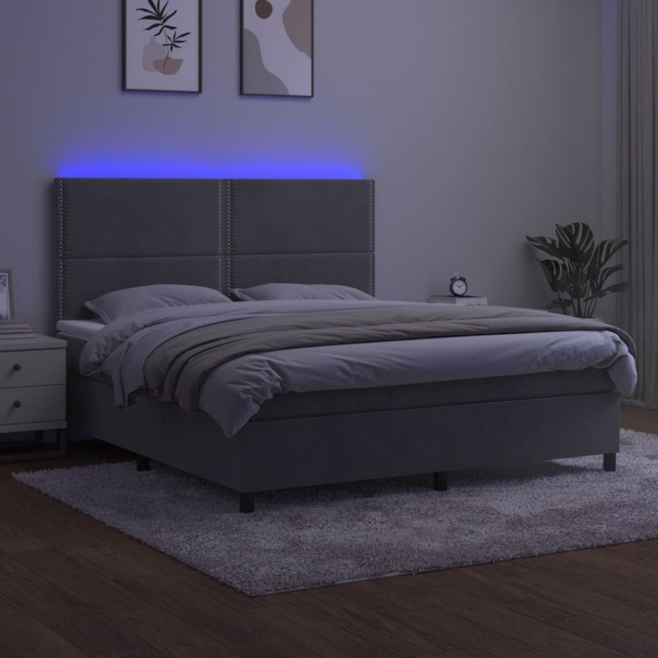 Cama box spring colchón y LED terciopelo gris claro 160x200