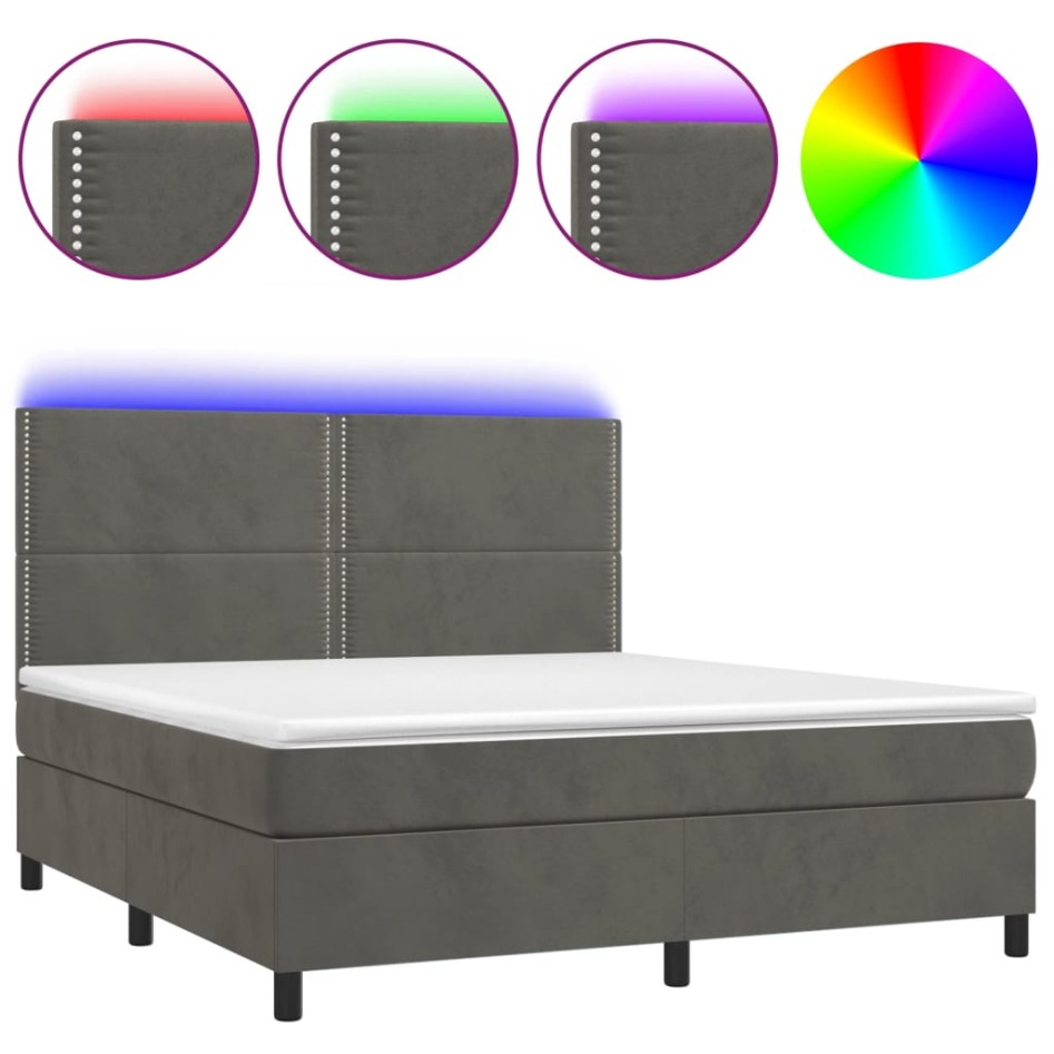 Cama box spring colchón y LED terciopelo gris oscuro 180x200