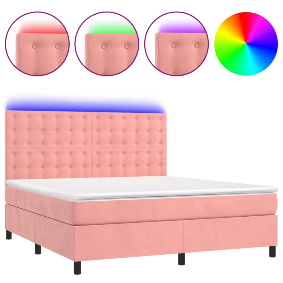 Cama box spring colchón y LED terciopelo rosa 180x200