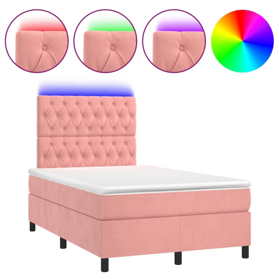Cama box spring colchón y LED terciopelo rosa 120x200