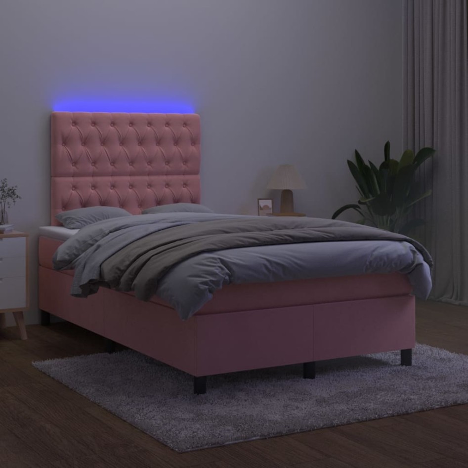 Cama box spring colchón y LED terciopelo rosa 120x200