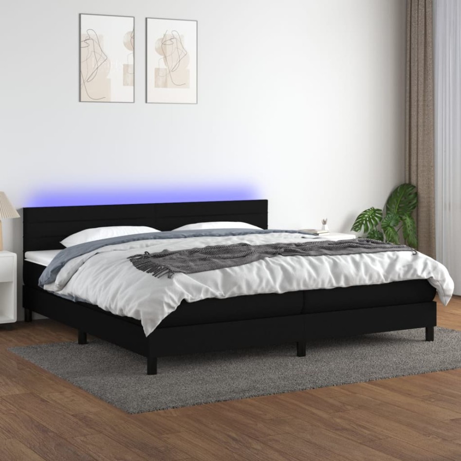 Cama box spring colchón y luces LED tela negro 200x200