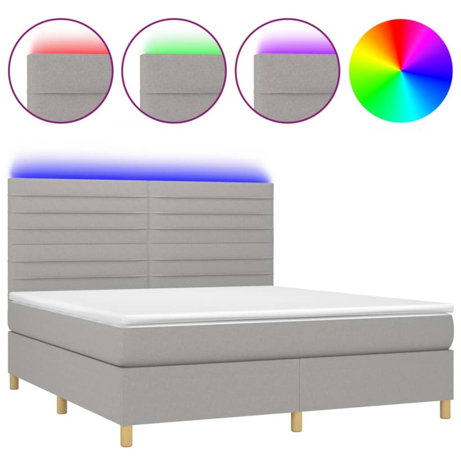 Cama box spring colchón y luces LED tela gris claro 180x200
