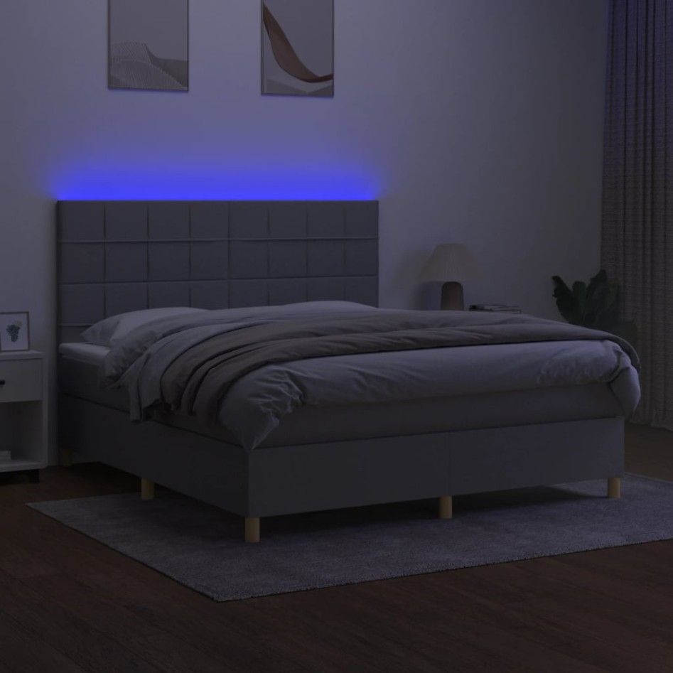 Cama box spring colchón y luces LED tela gris claro 180x200