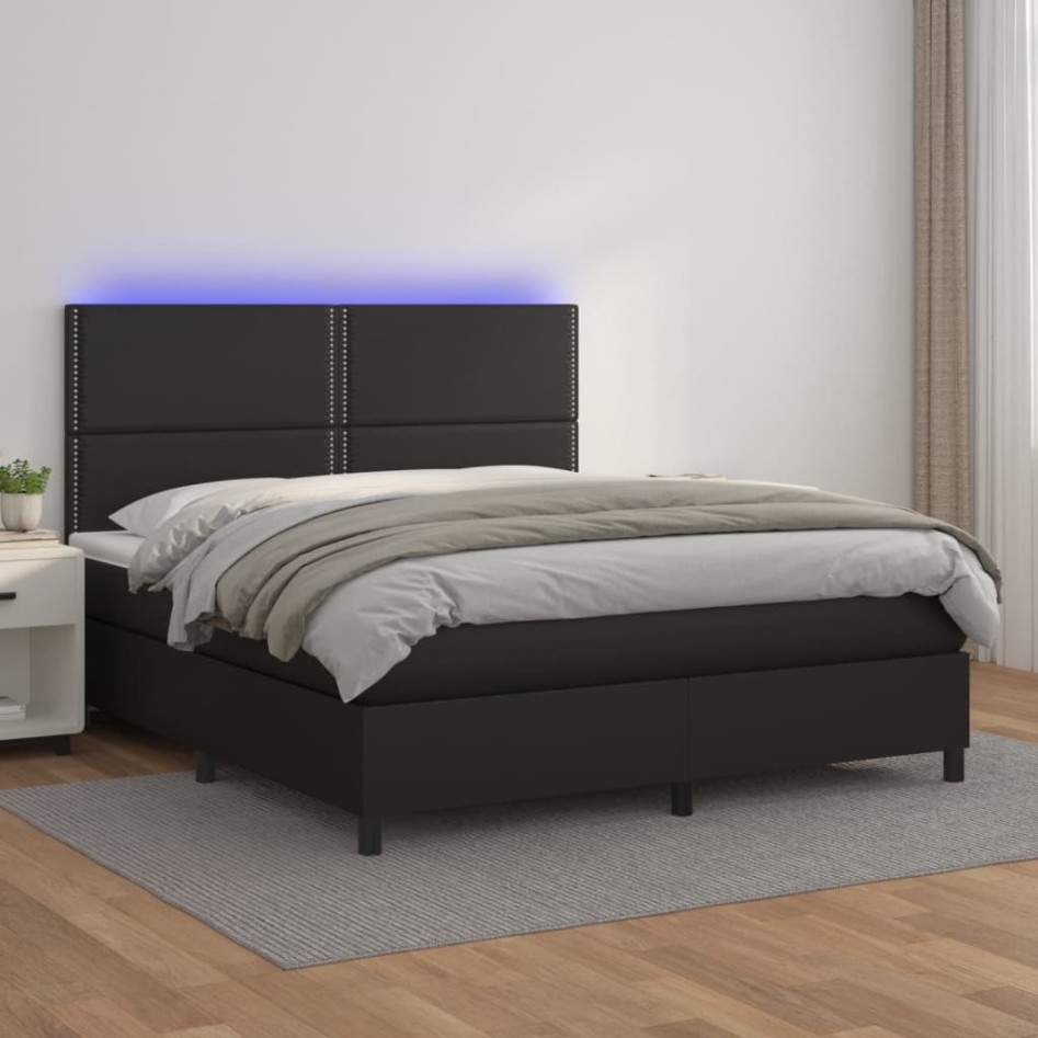 Cama box spring colchón y LED cuero sintético negro 180x200