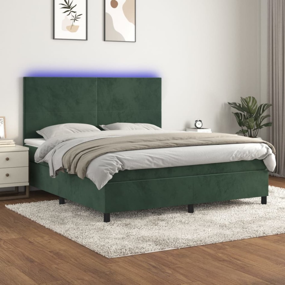 Cama box spring colchón y LED terciopelo verde oscuro