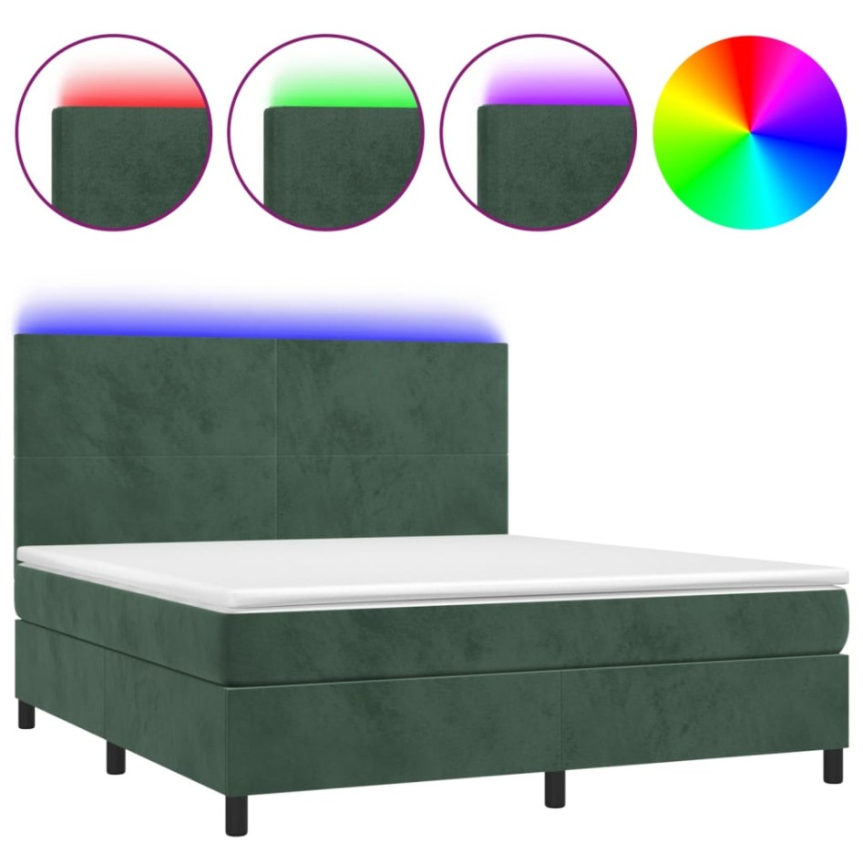 Cama box spring colchón y LED terciopelo verde oscuro