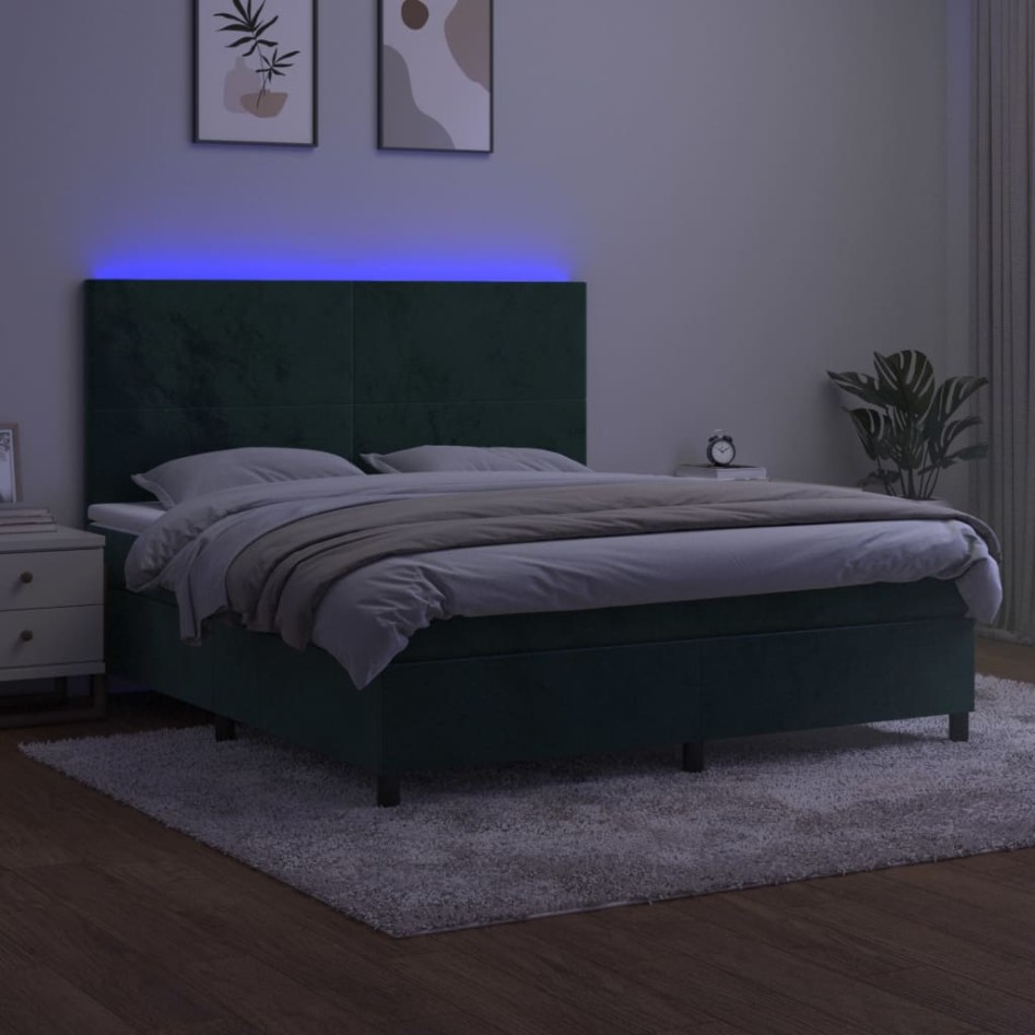 Cama box spring colchón y LED terciopelo verde oscuro