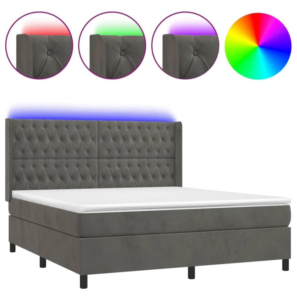Cama box spring colchón y LED terciopelo gris oscuro 180x200
