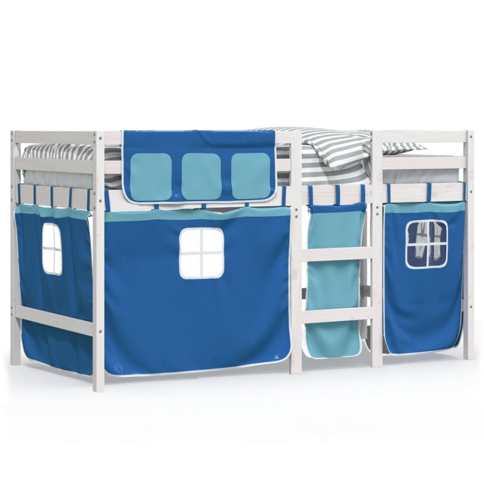 Cama alta para niños con cortinas madera pino azul 80x200