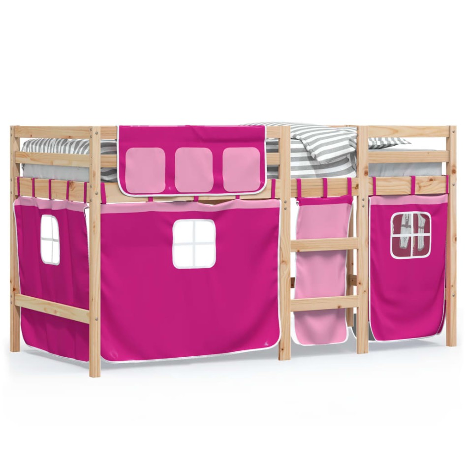 Cama alta para niños con cortinas madera pino rosa 90x200