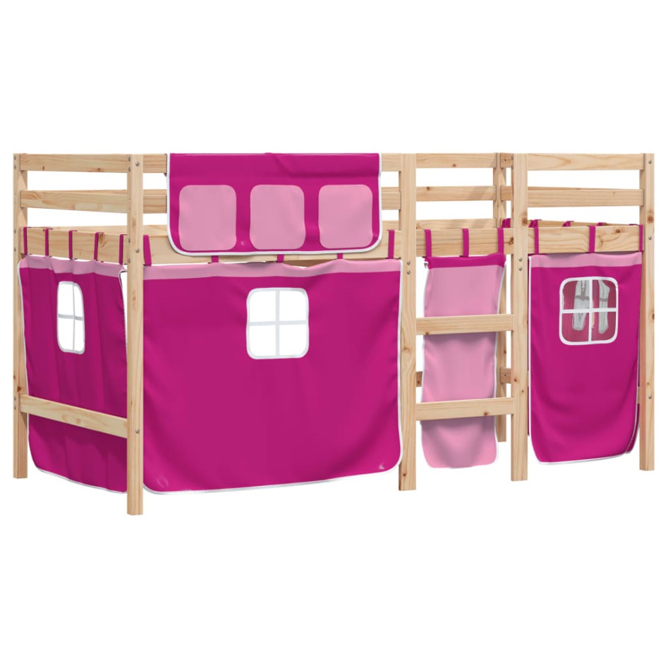 Cama alta para niños con cortinas madera pino rosa 90x200